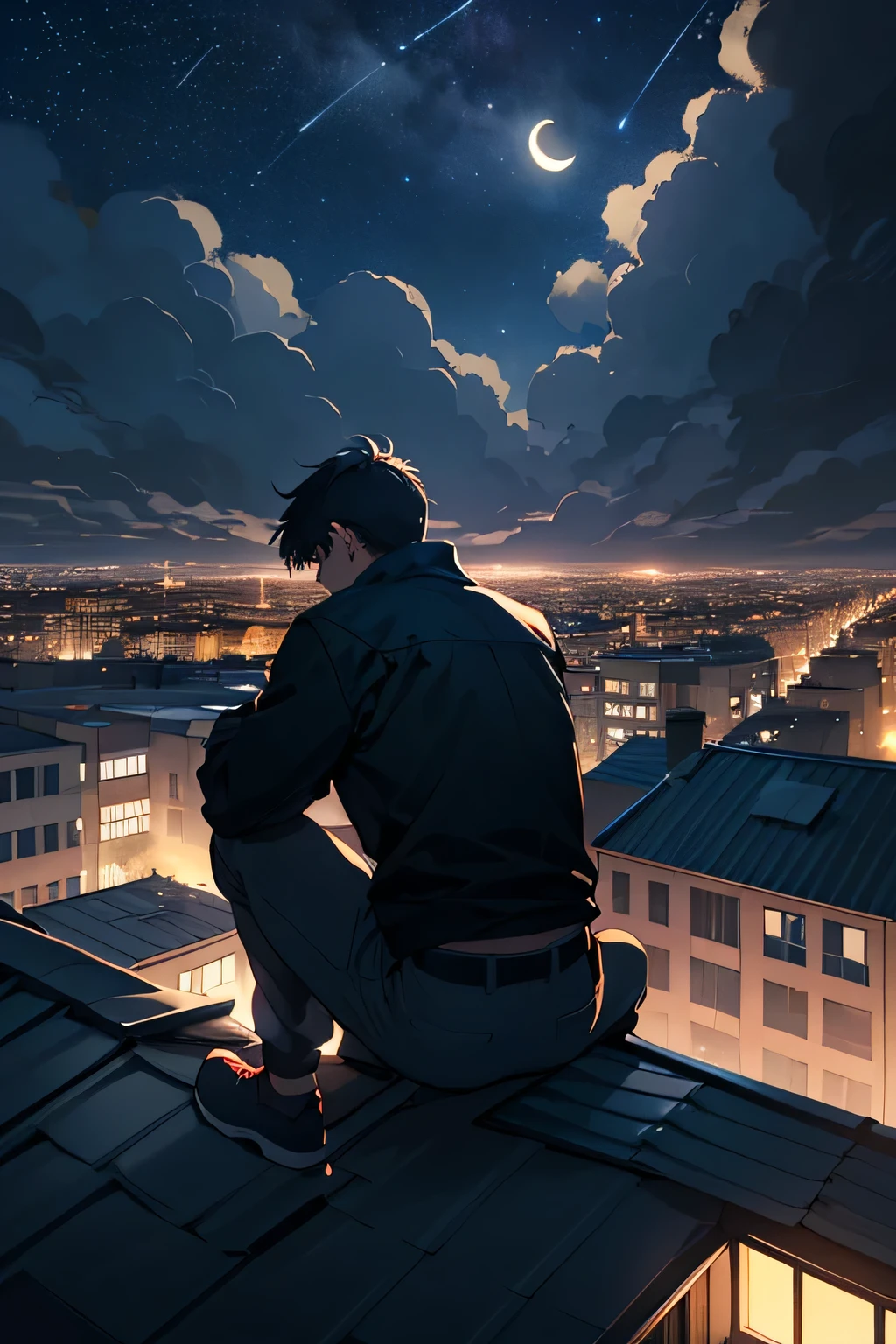 a boy from behind sitting on a roof at night watching the city light up. Cloudy sky full of stars with a half moon in the background. Detailed digital painting, cinematic, atmospheric lighting, rooftop setting, 4k resolution.
