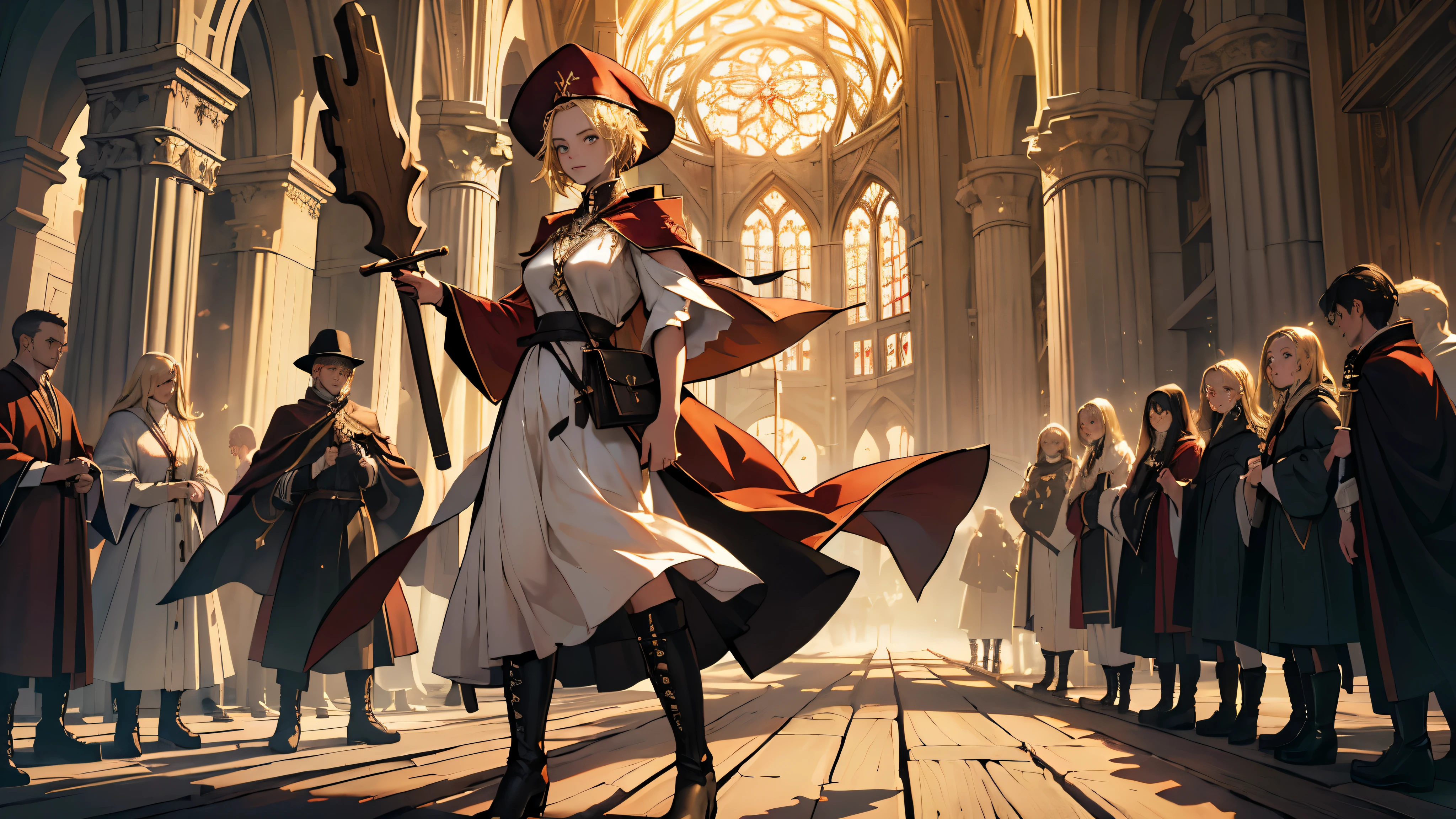 masterpiece, ultra detailed, 8k portrait, RAW photo, portrait photography, highly detailed face, beautiful and meticulous eyes, ((Fantasy)), Young beautiful, dynamic pose, kind face, smile, (((Blonde very short hair, forehead))), ((Priest)), armpit, wood necklace, clergy hat, (((long cloak))) fluttering in the wind, (((dark dull red super fit Priest robe))), (((long skirt)), (((low boots))), ((holding long wood staff)), big shoulder bag, Midday Sun, hyper realistic, Body model, mid breasts, Beautiful breasts, Long legs, in the crowd, Ambient lighting, Shadow details , Camera focus on face, strong breeze, Light fog