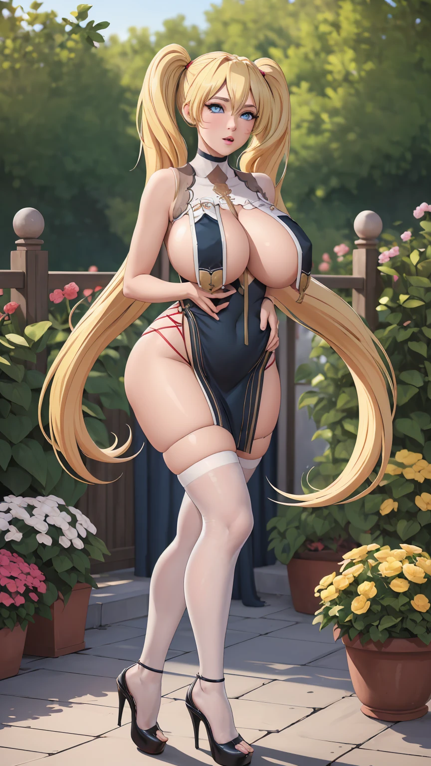masterpiece, best quality, extremely detail 8k cg, high resolution, 1girl, narukouzumaki, twintails, wisker marks, blonde hair, blue eyes, perfect eyes, choker, breast curtains, china dress, pelvic curtains, thighhighs, high heels, huge breasts, outdoors, garden, standing, beautiful face, wide shot photo, full body