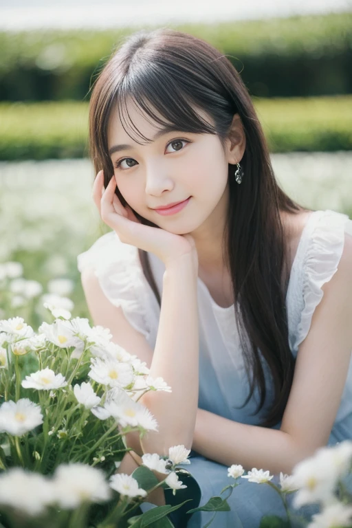 Realistic photo quality、arafed woman Sitting in a flower field with her hand on her chin, Sitting in a flower field, A field of white delphinium flowers、Portrait of a Girl, Girl sitting in a flower field, 80mm Portrait, Squatting in a flower field, close up portrait photography, 22Japan Female、smile、Fashion Model、Idol、Sheer light blue-gray slip