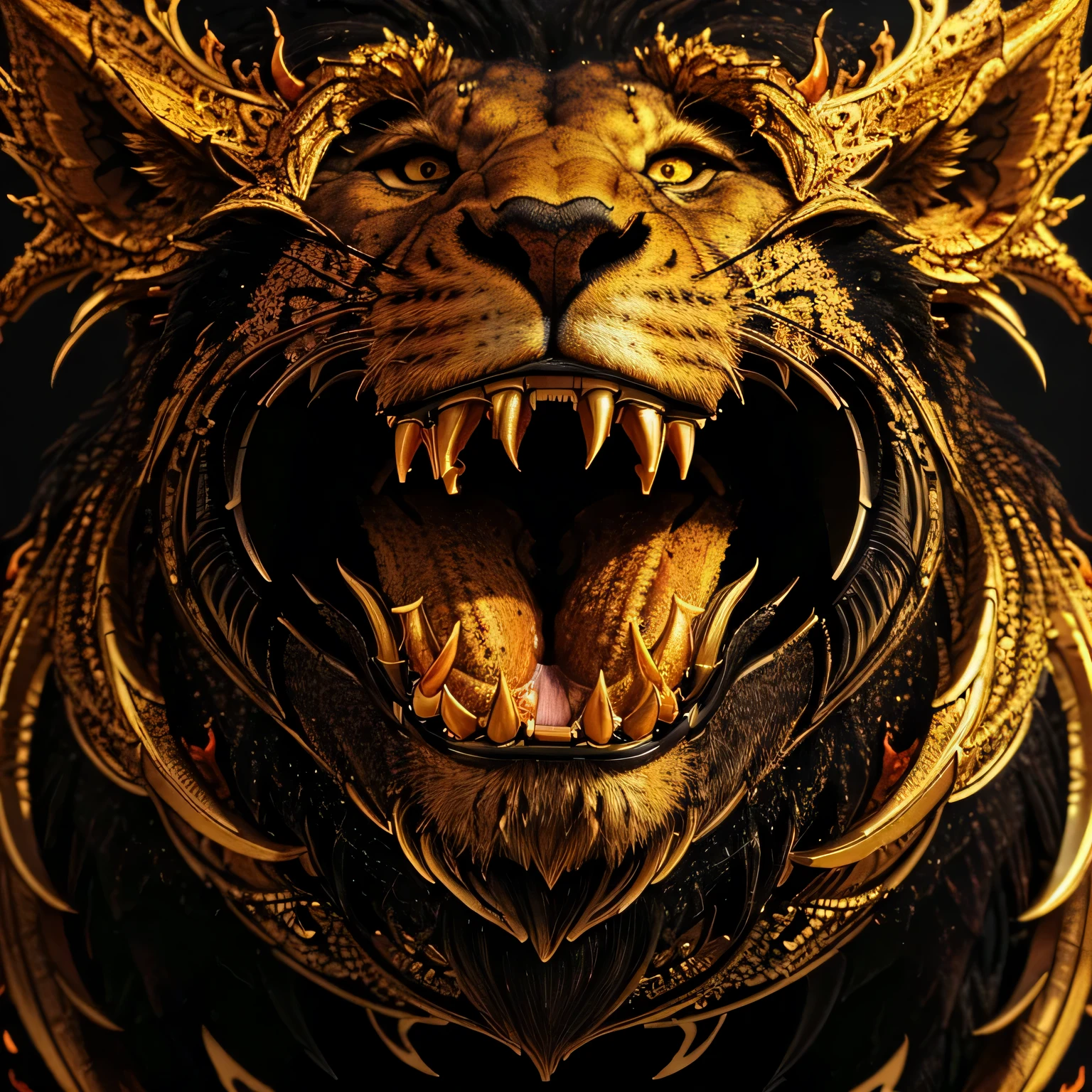 (best quality,highres,masterpiece:1.2),ultra-detailed,black monstrous lion with fiery mane and large fangs, symbols on its body in golden color, intricate details,illustration,realistic,roaring,dark background,vivid colors,wide angle shot,backlit