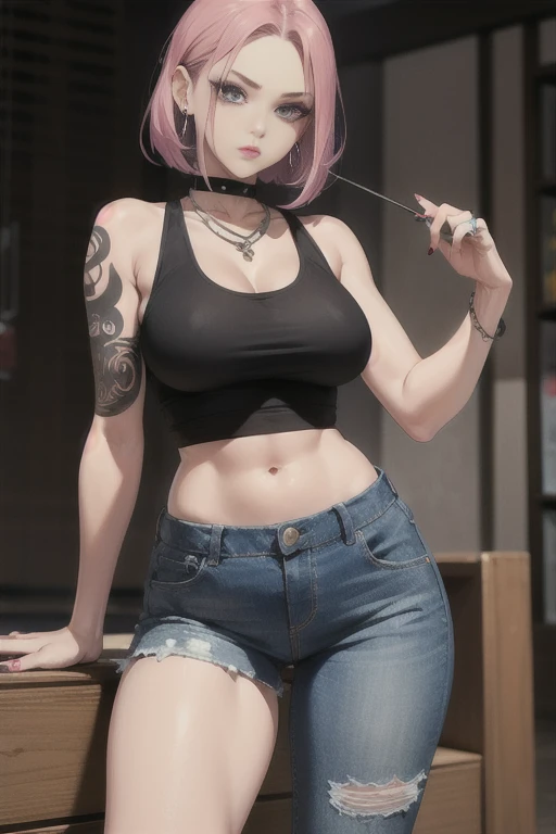 Bitch life, mutated, busty woman, bitch with an attitude, punk tank top, torn jean pants, rings, piercings and tattoos, female creature, looking at viewer,