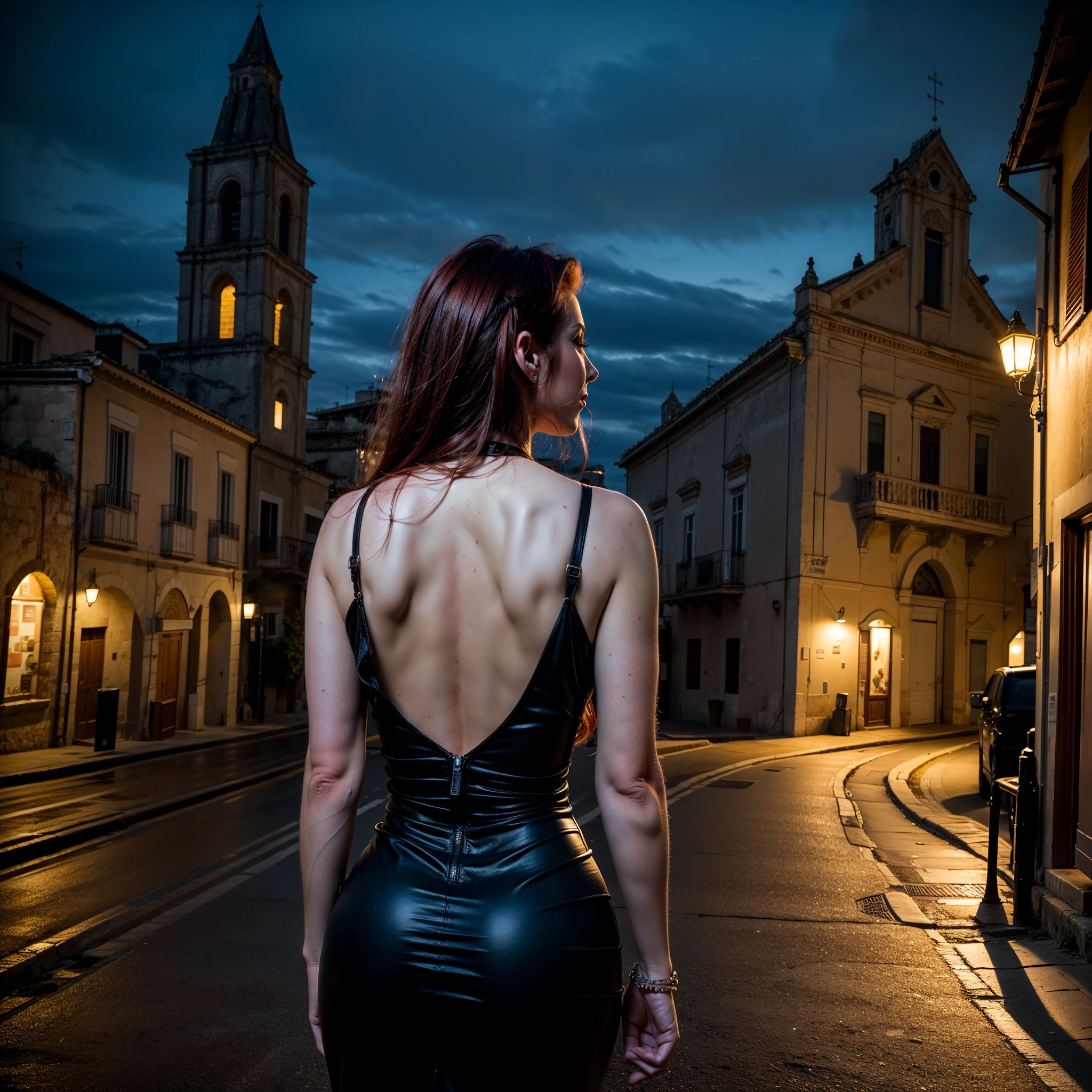 sassi_di_matera, (a religious Italian woman climbs a country road towards a church in the hills), a church at the top of the hill, ((gorgeous Lady walking in the streets of Matera. 1woman redhead wearing a night black dress with open back)), atmospheric oliva lighting, 4k UHD, dark vibes, hyper detailed, vibrant colours red sky background, epic composition, octane render, sharp focus, high resolution isometric, wide angle. (sassi_di_matera), realistic hands