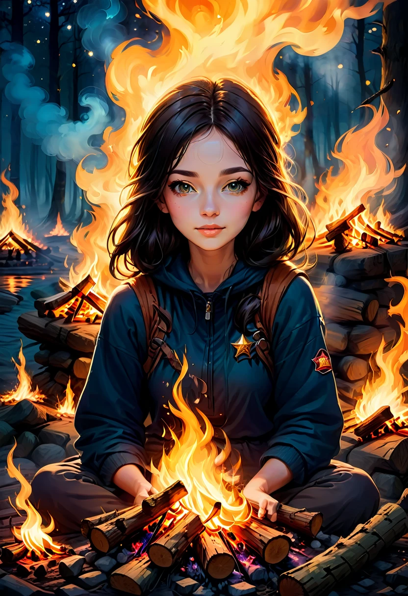 1girl, Campfire, aesthetic, (blazing campfire,crackling flames,majestic bonfire),(best quality,ultra-detailed,realistic:1.37),warm golden glow,vivid colors,wooden logs,burning embers,flickering light,dancing shadows,smoke rising from the fire,sparkling sparks,starlit night sky,camping under the stars,campfire tales,cozy atmosphere,nature's embrace,peaceful setting,crisp air,roasting marshmallows,shadowy figures by the fire,nighttime serenity