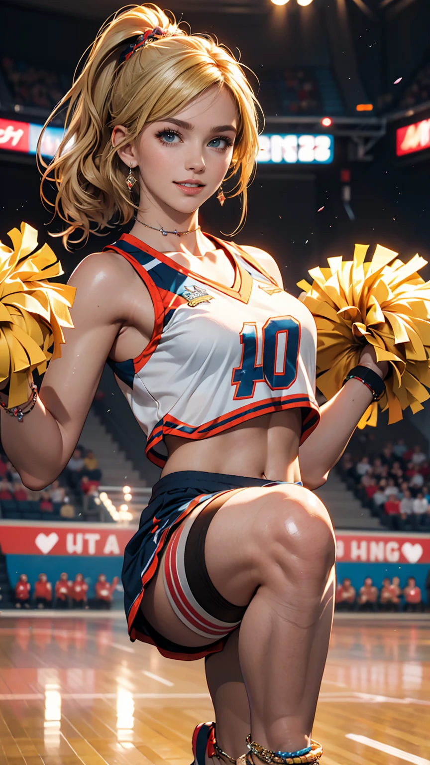 ((最high quality, 8K, masterpiece: 1.3, Ultra HD, high quality, 最high quality, High resolution, realism)) 、A 22-year-old extremely beautiful white woman、Hair color blonde、blue eyeedium Hair、Straight Hair、smile、Slender but well-proportioned body、Athlete-like body type、I want my head to stay off screen、Wearing accessories on the wrist、Put an anklet on your ankle、Wearing red nail polish、I have a peticure、Being a cheerleader、Dancing Cheer Dance