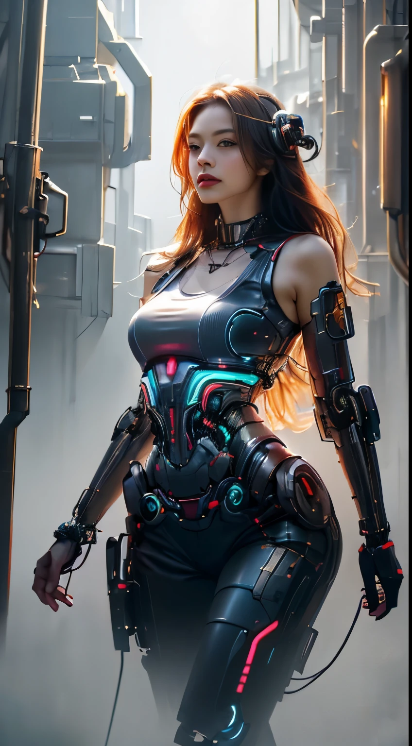 dystopic, [scientific fiction], high-detail RAW color photo, fullshot, frontal angle, (((Beautiful female arterial intelligence, wearing transparent red chemise))), plein-air, flying, in sky, looking at the sprawling cyberpunk city skyline), toned physique, big-ass, (pale skinned), cyberpunk technological helmet and visor, (Cybernetic Implants in the Right Arm:1.2), red outfit. Holding a laser sword in your hand, (heightens), (cyborg:1.1), (skin detailed, fuzzy skin pores), silicone, metals, (highy detailed, fine-details, intrikate), (Lens flare:0.5), (blossom:0.5), smog, dust, (Badlands:0.8), (observatory:0.7), ray tracing, specular illumination, shallow depth of field, photographed on a Sony Alpha 1 lens, SE 85 mm, F/2.8, Rigid focus, smooth film, cinematic still, [cyberpunk:Orweliano:12] a sexy liil bueaty girlieee 88k