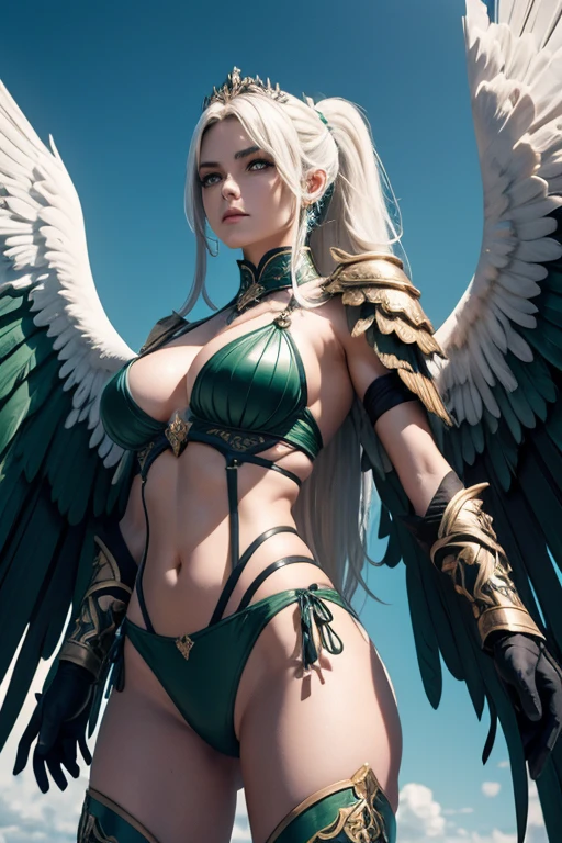 A dark green long hair in a pompous pony tail harpie queen, harpie caucasian Warrior lady，(((On the arms there is a pair of large white color wings)))，（（Wearing an intricated elaborated black metal bikini armor and long boots）)，high detail,（beautiful face)，long green hair, eagle feet, sky and clouds background, macro，Realistic，hdr（HighDynamicRange, Ray traching, NVIDIA RTX, Hyper-Resolution, illusory 5, sub surface scattering, post-process, Anisotropy Filtering, depth of field maximum definition and sharpness, Surface coloring, Accurately simulate light-material interactions, perfectly proportions, rendering by octane, large aperture, Low ISO, White balance, the rule of thirds、8K raw data, lightand shade contrast