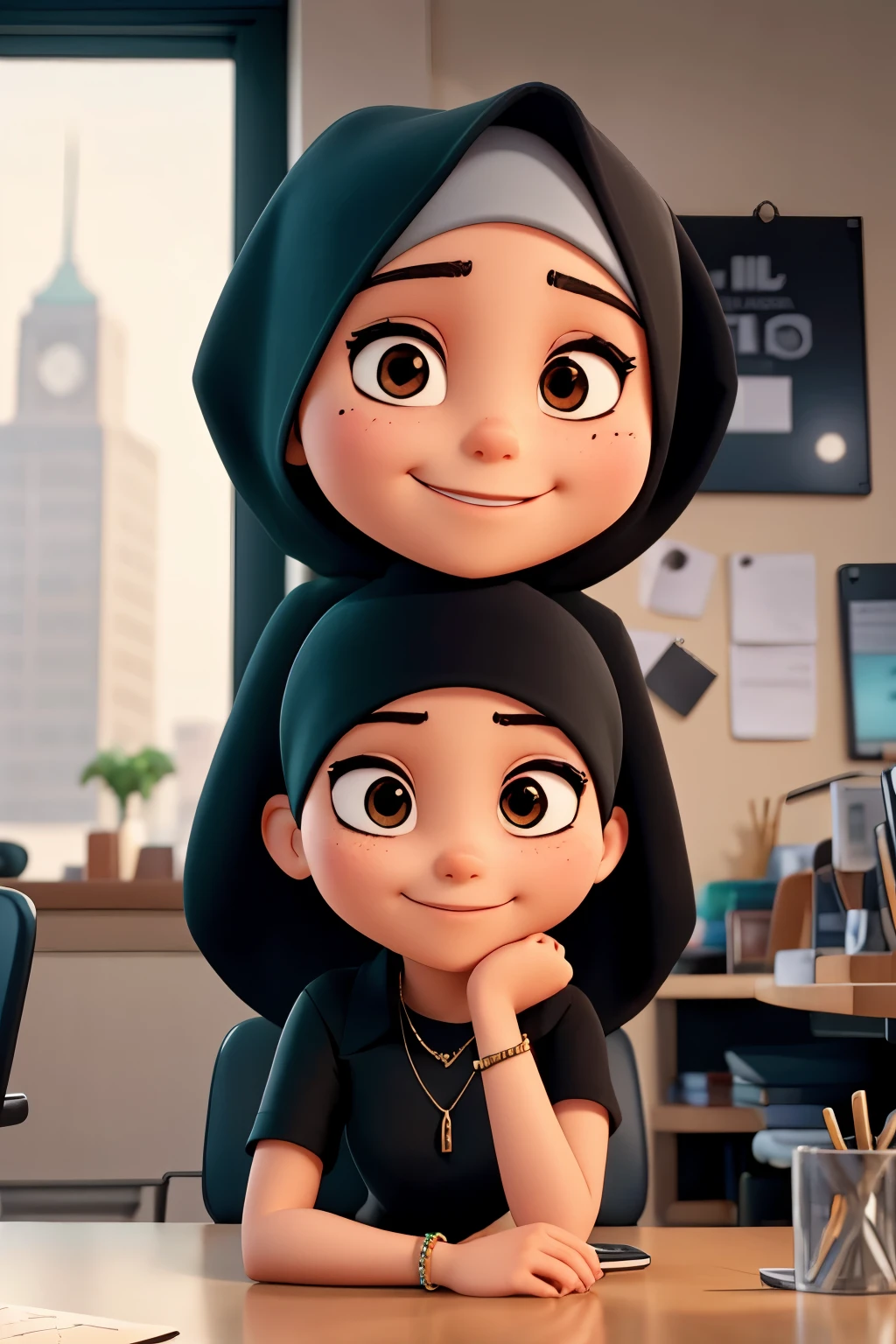 He has a cup in his hand at a table. Woman . smiling .hijab. thick eyebrow. black Eyed. I have a mole on my right cheek. prominent eyelashes. plaza office view. black shirt. It has a bracelet necklace.