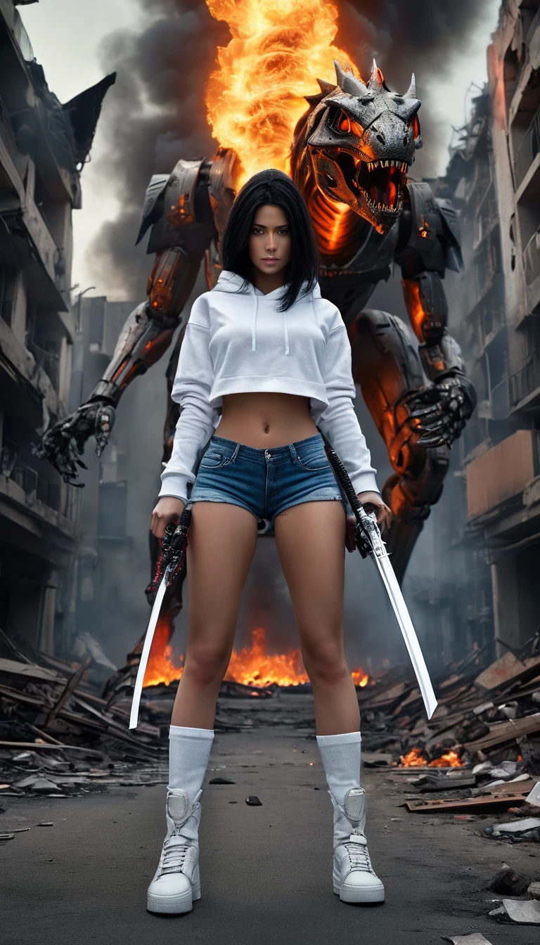 masterpiece, top, very realistic, very detailed, original photo, beautiful woman, white, wearing a Hoodie (bright color), short jeans hotpants, Jordan shoes, long black hair, facing forward, right behind the woman appears a giant cyborg figure towering like a dinosaur (((carrying a flaming katana))), facing the camera, the cyborg is seen right behind the woman, emerging from the flames, huge and towering. background of destroyed city, war zone, explosion, flames, billowing smoke, destroyed buildings, harsh lighting, professional. full body, frontal, face details, finger details, cyborg details, background details, 32K ultraHD resolution, HDR, 800mm lens, realistic, hyperrealistic, photography, professional photography, immersive photography, ultra HD, very high quality, best quality, photos HDR , photo focus, original photo, ultra sharp, nature photo, masterpiece, award winning, taken with hasselblad x2d.