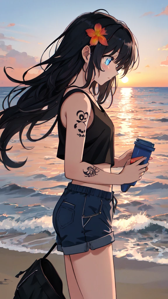 (masterpiece, best quality, ultra detailed, ultra high resolusion, highres,8k:1.4), BREAK,(from side:1.2), 20_years_old, 1giri standing-at-the-edge-of-the-waves,smile, beach, (looking away:1.7), (dark_skin:1.2),(tribal_tatoo:1.2),(wavy hairs),(messy hair),(asymmetry bangs),(multicolored hair), 
Tsurime Eyes, (((blue eyes))),
((flower hair ornament)),(shortpants,tanktop:1.4), (sunset:1.3), 
BREAK, monochrome, lineart-style,