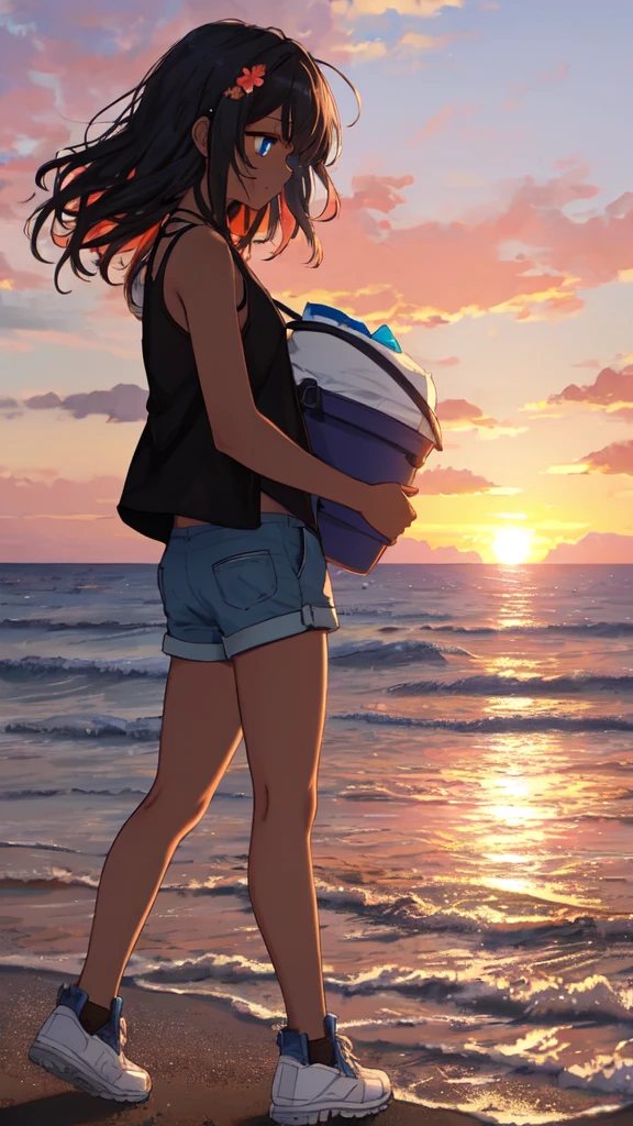(masterpiece, best quality, ultra detailed, ultra high resolusion, highres,8k:1.4), BREAK,(from side:1.2), 20_years_old, 1giri standing-at-the-edge-of-the-waves,smile, beach, (looking away:1.7), (dark_skin:1.2),(tribal_tatoo:1.2),(wavy hairs),(messy hair),(asymmetry bangs),(multicolored hair),
Tsurime Eyes, (((blue eyes))),
((flower hair ornament)),(shortpants,tanktop:1.4), (sunset:1.3),
BREAK, monochrome, lineart-style,