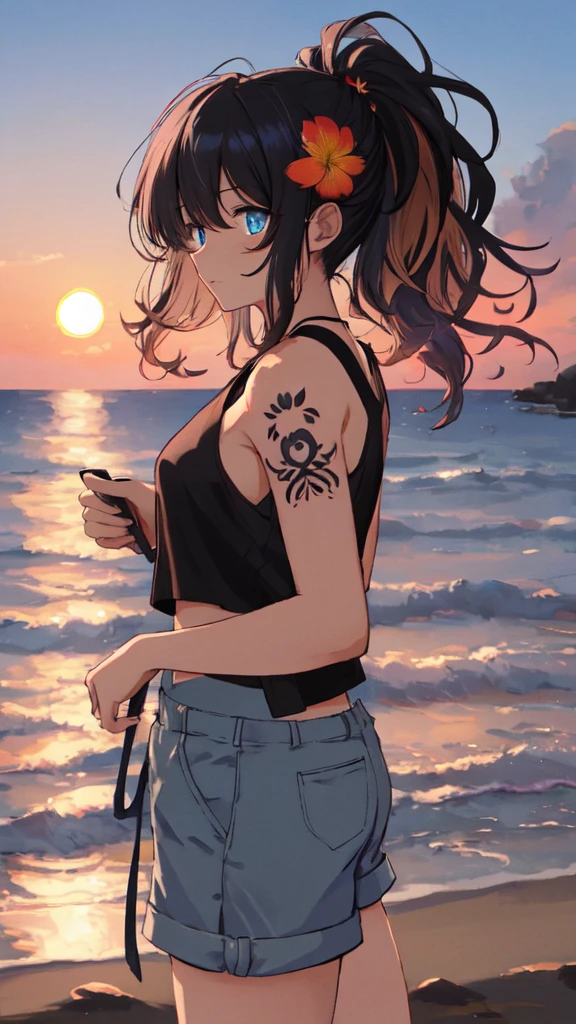 (masterpiece, best quality, ultra detailed, ultra high resolusion, highres,8k:1.4), BREAK,(from side:1.2), 20_years_old, 1giri standing-at-the-edge-of-the-waves,smile, beach, (looking away:1.7), (dark_skin:1.2),(tribal_tatoo:1.2),(wavy hairs),(messy hair),(asymmetry bangs),(multicolored hair), 
Tsurime Eyes, (((blue eyes))),
((flower hair ornament)),(shortpants,tanktop:1.4), (sunset:1.3), 
BREAK, monochrome, lineart-style,