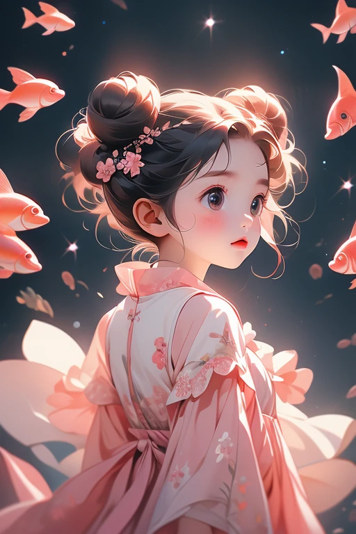 Character setting diagram;1 dancing little girl,。Solitary,Wearing a cute pink dress,Happy expression,Playful;Delicate face;The character is on the right side of the frame,whole body;Light pink background,There are many transparent bubbles in the picture,Big bubbles;Pure background(The background is a solid color); Depth of Field, Extraordinary details, masterpiece, high quality, 4K,Leave white space in the center of the screen。