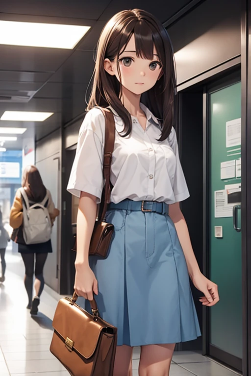 University student,Medium length brown hair,Clothes: white skirt and light blue shirt ,Skin color is white,Wide brown eyes,Brown handbag,Carrying books ,White sports shoes ,University location
