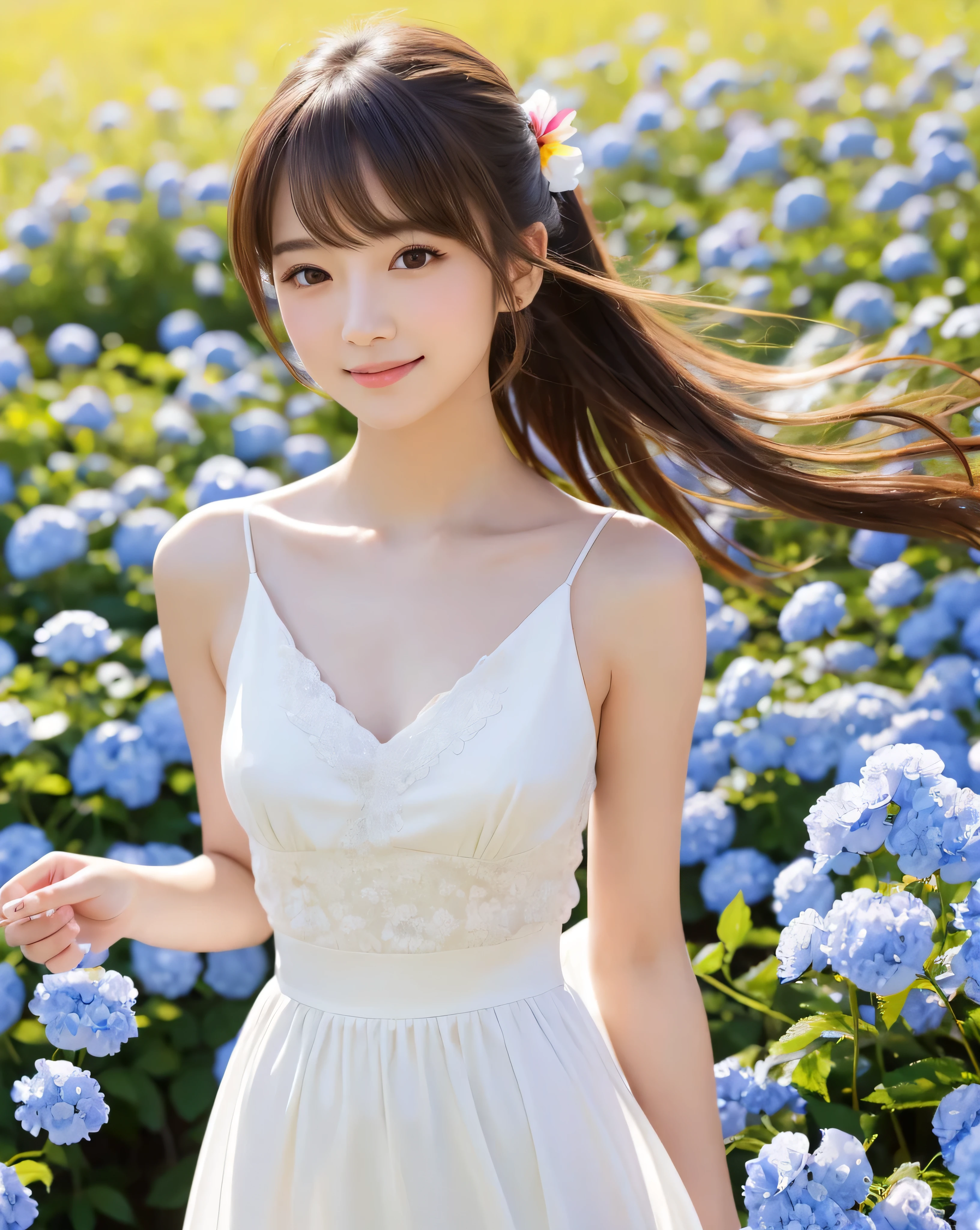 (highest quality, 32k, High resolution, Masterpiece:1.5, ), Beautiful Japanese Girl, An exceptionally beautiful face, perfect human anatomy, Magical big eyes, Smile, Shiny brown hair, Beautiful side ponytail, Asymmetrical bangs, Smooth and soft skin, white sexy bridal dress, fine silk fabric, Detailed and perfect collarbone, A mini skirt fluttering in the wind, Beautiful chest in high resolution, Slender figure with ample breasts, High resolutionの美しい太もも, (Colorful petals fluttering about:1.3), Beautiful Nemophila Field, Spring sunshine, blue sky, sparkling light effect, Professional Lighting, Professional Photographer, Professional Model