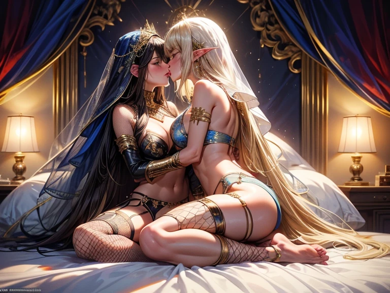 2 women, (((kissing, facing each other, in bed))), female knights, pauldrons, gauntlets, shiny knight armor, micro bikini, chainmail bikini, leather straps, nipple slip, reverse bunny suit, ((fishnet stockings, garter belt)), brunette, blonde, platinum blonde, (1 brunette, 1 blonde), long hair, elf ears, blushing, large breasts, beautiful face, collar, detailed eyes, bright pupils, earrings, bellybutton piercing, body chains, sitting on bed, gold, legs open, legs spread, arms up, hands behind head, thong, (masterpiece), (Very detailed CG unity 8K wallpaper), best quality, cinematic lighting, detailed back ground, Night time, in bedroom, many candles in background, ((wearing blue transparent silk, transparent, transparent veil, gold laced)) topless , braless , exposed breasts