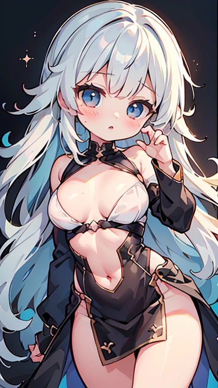 #quality(8k,wallpaper of extremely detailed CG unit, masterpiece,hight resolution,top-quality,top-quality real texture skin,hyper realisitic,increase the resolution,RAW photos,best qualtiy,highly detailed,the wallpaper),solo,#1girl(chibi,cute, kawaii,small kid,cosmic hair,messy hair,eye color red,big eyes,wondering,wondering pose,dynamic angle,,big breast),#background(question marks on back),please draw hand very correctly when drawing hands