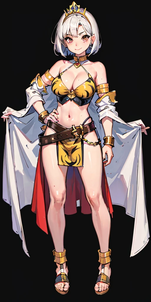 ((BLACK BACKGROUND 1:2, masterpiece)) 1solo female full body MILF BIMBO standing straight symmetrical with two long thighs and two metal sandals, red eyes like rubies, eye focus looking to the viewer, silver white hair, short bob style hair, big knockers breastplate, breastplate, cleavage, tiara royal, long cape up to two feet, yellow bikini (yellow tiger stripes), lustful smirking smiling, smile face (red blushed, red cheeks), pauldrons metal shoulders, gold sleeveless bracelets, separate sleeves, hands on waist hands OR hips, golden bracers, metal handcuffs, leather corset, red loincloth, black leather choker slave collar, shackles bracelets, slave red crest under navel, navel, big belt around waist OR hips, feet together, metal ankle, two long thighs and two metal sandals