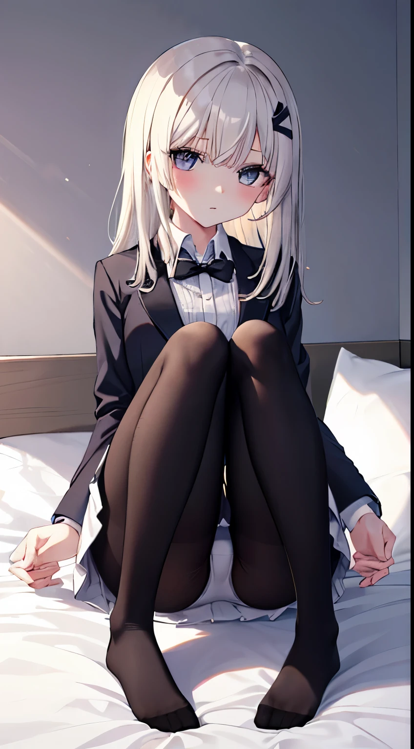 highest quality, masterpiece, High resolution, (Head to toe full body view), Front view from slightly below, Symmetrical Configuration, Precisely balanced construction for the entire body、18-year-old, Slim and beautiful girl, alone, (Small breasts), (No shoes),Messy Hair, bangs, (black tights), (Black Pantyhose), (Sit on the floor with your legs open), (Spread-legged pose on bed), Both arms are tied behind one's back, (A composition showing white panties), (Her legs were spread、White panties are visible.), (Mouth open with a painful expression), blush, Shy big eyes, Looking at the camera, Blazer uniform, Checkered Pleated Skirt