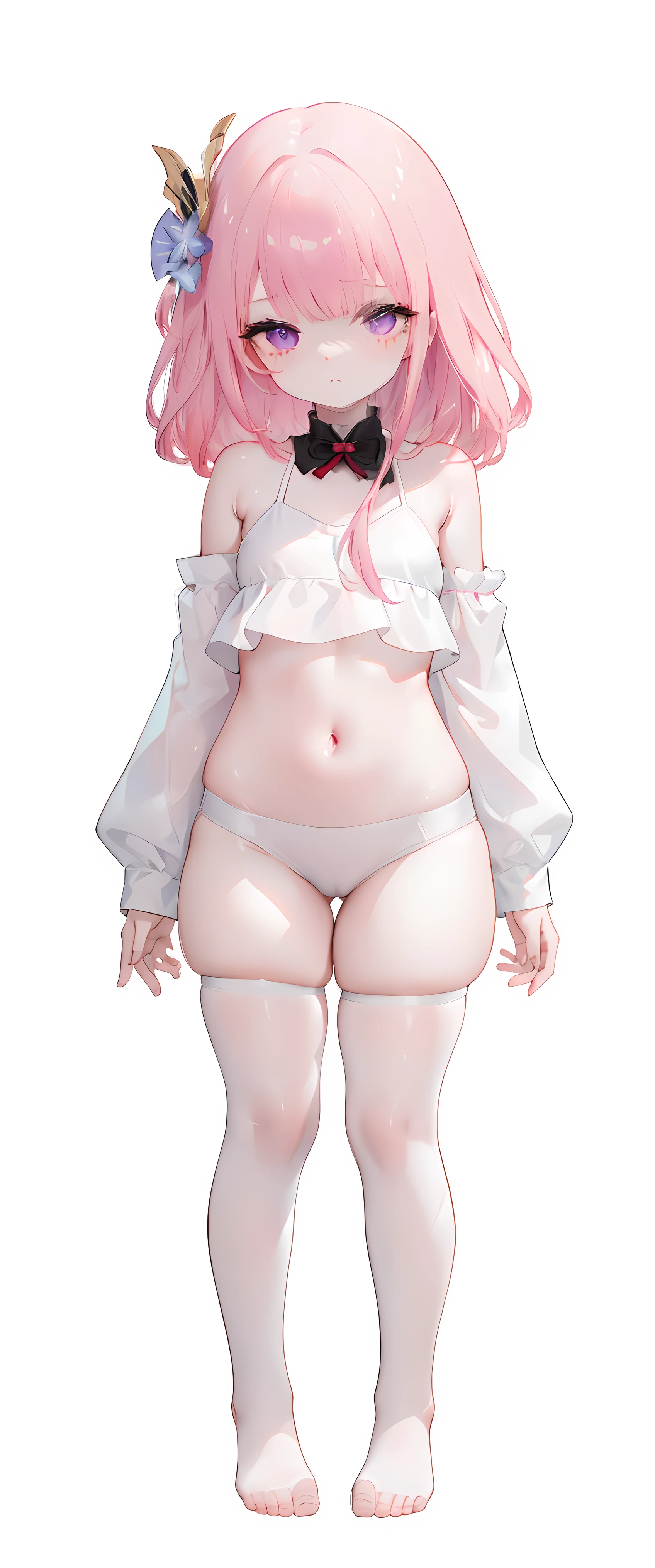 ,cute,stockings,pantyhose,pink hair,thick thigh ,mini camisole, thick thighs,flat chest,pink mini camisole,crop top,raiden, loli,,flat chest,fullbody,perfect thighs,standing, thick thighs, blushing,loli,, standing straight, head to toe capture on the frame,,, toes,bare feet,, ,white background, cute,open abdomen,perfect body ratio, body ratio, white background, front facing, looking at viewer, ,, baby g