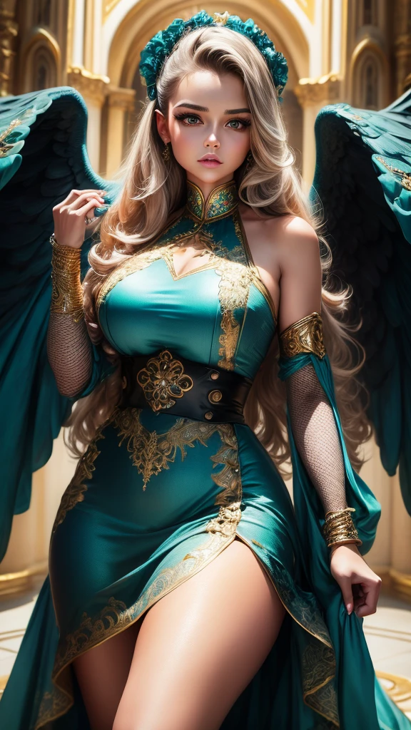 Best quality, 8K,glorious angel, female, beautiful and detailed face, curly long hair,big eyelashes,big angel´s wings,LOOKING TO observer,dark turquoise dress embroided with gold details,fishnets,armlets,black belt,over the knee boots,iluminate cathedral scenario, DYNAMIC ANGLE