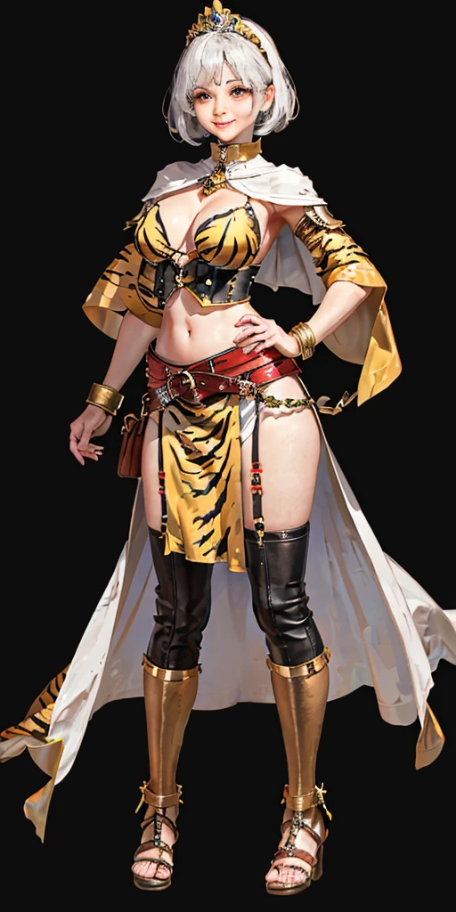 ((BLACK BACKGROUND 1:2, masterpiece)) 1solo female full body MILF BIMBO standing straight symmetrical with two long thighs and two metal sandals, red eyes like rubies, eye focus looking to the viewer, silver white hair, short bob style hair, big knockers breastplate, breastplate, cleavage, tiara royal, long cape up to two feet, yellow bikini (yellow tiger stripes), lustful smirking smiling, smile face (red blushed, red cheeks), pauldrons metal shoulders, gold sleeveless bracelets, separate sleeves, hands on waist hands OR hips, golden bracers, metal handcuffs, leather corset, red loincloth, black leather choker slave collar, shackles bracelets, slave red crest under navel, navel, big belt around waist OR hips, feet together, metal ankle, two long thighs and two metal sandals