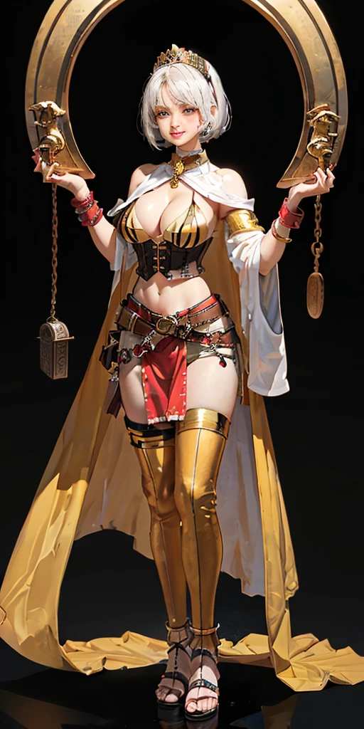 ((BLACK BACKGROUND 1:2, masterpiece)) 1solo female full body MILF BIMBO standing straight symmetrical with two long thighs and two metal sandals, red eyes like rubies, eye focus looking to the viewer, silver white hair, short bob style hair, big knockers breastplate, breastplate, cleavage, tiara royal, long cape up to two feet, yellow bikini (yellow tiger stripes), lustful smirking smiling, smile face (red blushed, red cheeks), pauldrons metal shoulders, gold sleeveless bracelets, separate sleeves, hands on waist hands OR hips, golden bracers, metal handcuffs, leather corset, red loincloth, black leather choker slave collar, shackles bracelets, slave red crest under navel, navel, big belt around waist OR hips, feet together, metal ankle, two long thighs and two metal sandals