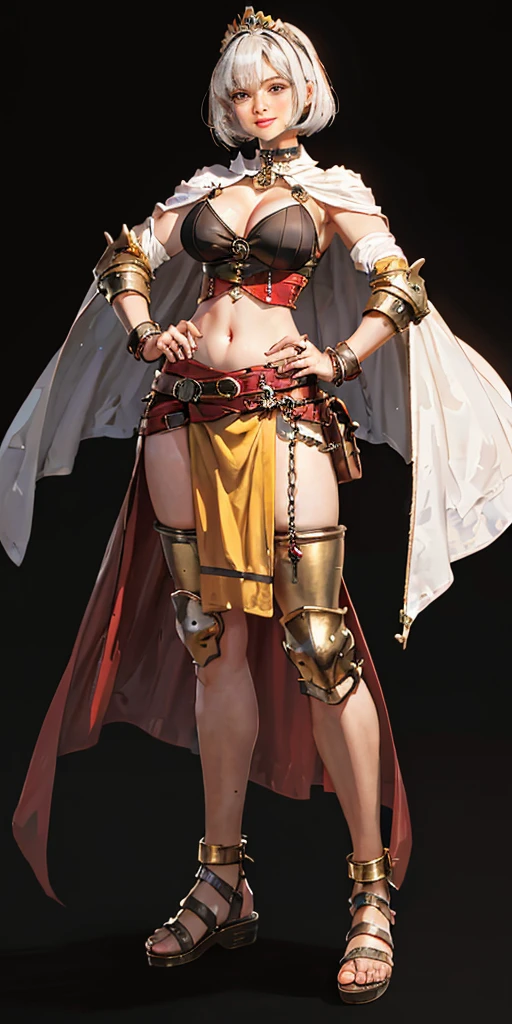 ((BLACK BACKGROUND 1:2, masterpiece)) 1solo female full body MILF BIMBO standing straight symmetrical with two long thighs and two metal sandals, red eyes like rubies, eye focus looking to the viewer, silver white hair, short bob style hair, big knockers breastplate, breastplate, cleavage, tiara royal, long cape up to two feet, yellow bikini (yellow tiger stripes), lustful smirking smiling, smile face (red blushed, red cheeks), pauldrons metal shoulders, gold sleeveless bracelets, separate sleeves, hands on waist hands OR hips, golden bracers, metal handcuffs, leather corset, red loincloth, black leather choker slave collar, shackles bracelets, slave red crest under navel, navel, big belt around waist OR hips, feet together, metal ankle, two long thighs and two metal sandals