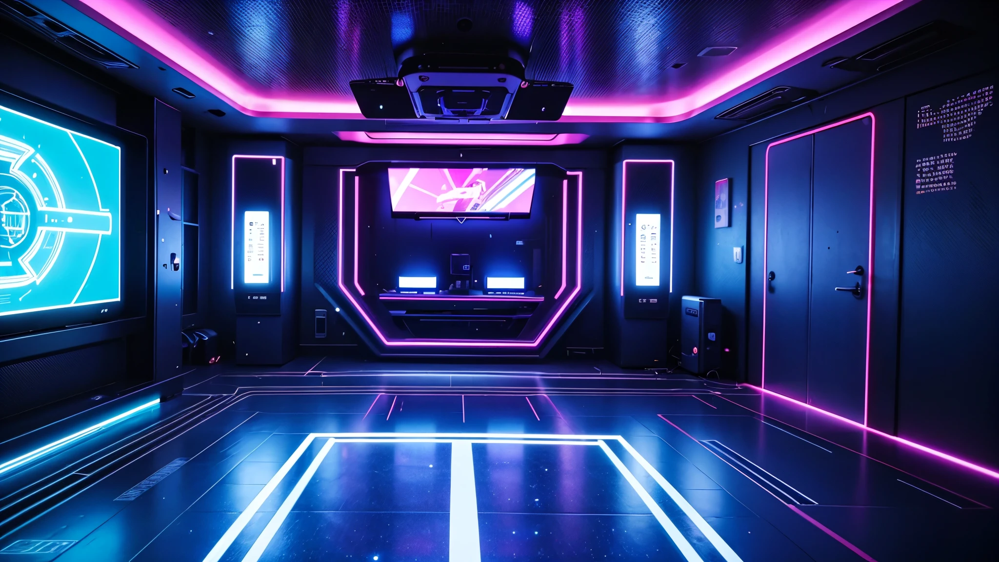 blue and pink cyberpunk empty room,futuristic atmosphere,neon lights,high-tech furniture,glowing holograms,reflective surfaces,transparent screens,geometric shapes,virtual reality (VR) devices,hovering drones,interactive AI assistant,artificial intelligence (AI) generated patterns,vibrant colors,emerging technologies,post-apocalyptic vibe,mysterious ambiance,sleek and minimalistic design,evokes a sense of awe and wonder,futuristic aesthetics.