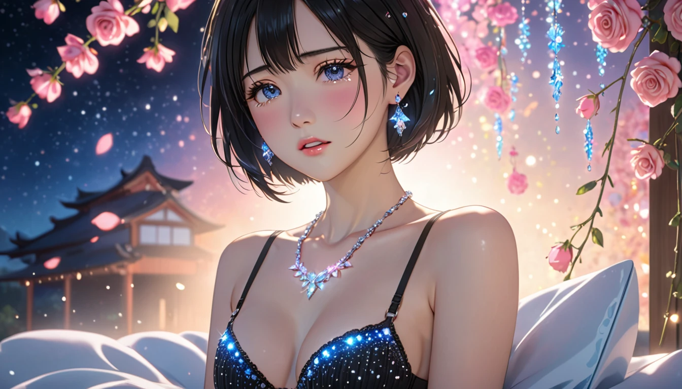 National Science Foundation,masterpiece,High resolution,8K,Art,digit,Three-dimensional,symmetrical picture,Kyoto Animation Style,your name movie style,Facing the camera,Soft Light,Glowing skin,(1 female: 1.3),(alone: 1.4),(((Black hair))),(Gorgeous,sparkly bra),Swarovski crystals on gorgeous bra,crystal necklace,crystal earrings,Long eyelashes,slender legs,Short Bob,Close-up of upper body,Close-up,close view,Colorful roses background,(Starry eyes),Blushed,shy,shy,open mouth,(((cry))),(((shed tears))),(((feel sad)))