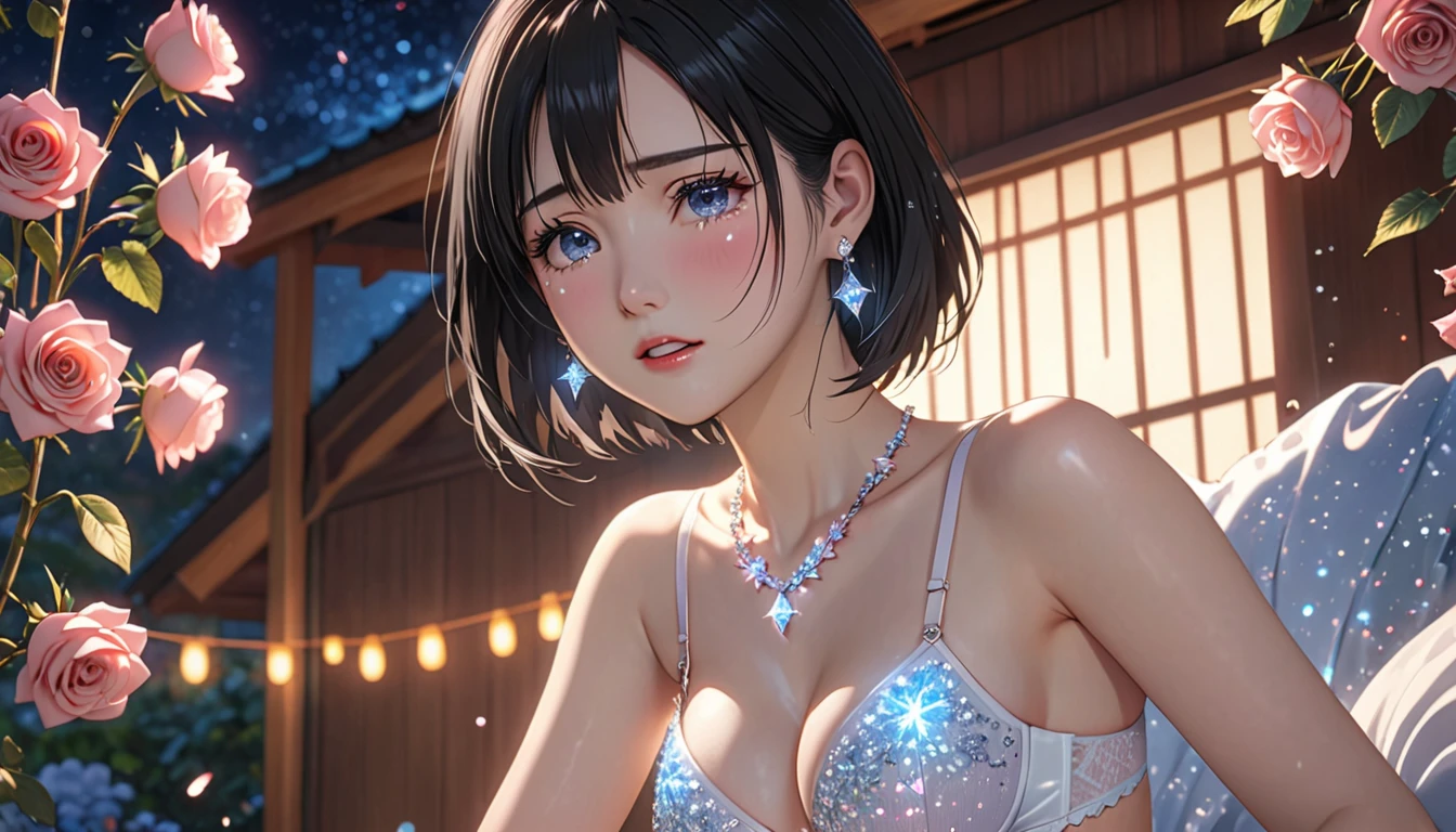 National Science Foundation,masterpiece,High resolution,8K,Art,digit,Three-dimensional,symmetrical picture,Kyoto Animation Style,your name movie style,Facing the camera,Soft Light,Glowing skin,(1 female: 1.3),(alone: 1.4),(((Black hair))),(Gorgeous,sparkly bra),Swarovski crystals on gorgeous bra,crystal necklace,crystal earrings,Long eyelashes,slender legs,Short Bob,Close-up of upper body,Close-up,close view,Colorful roses background,(Starry eyes),Blushed,shy,shy,open mouth,(((cry))),(((shed tears))),(((feel sad)))