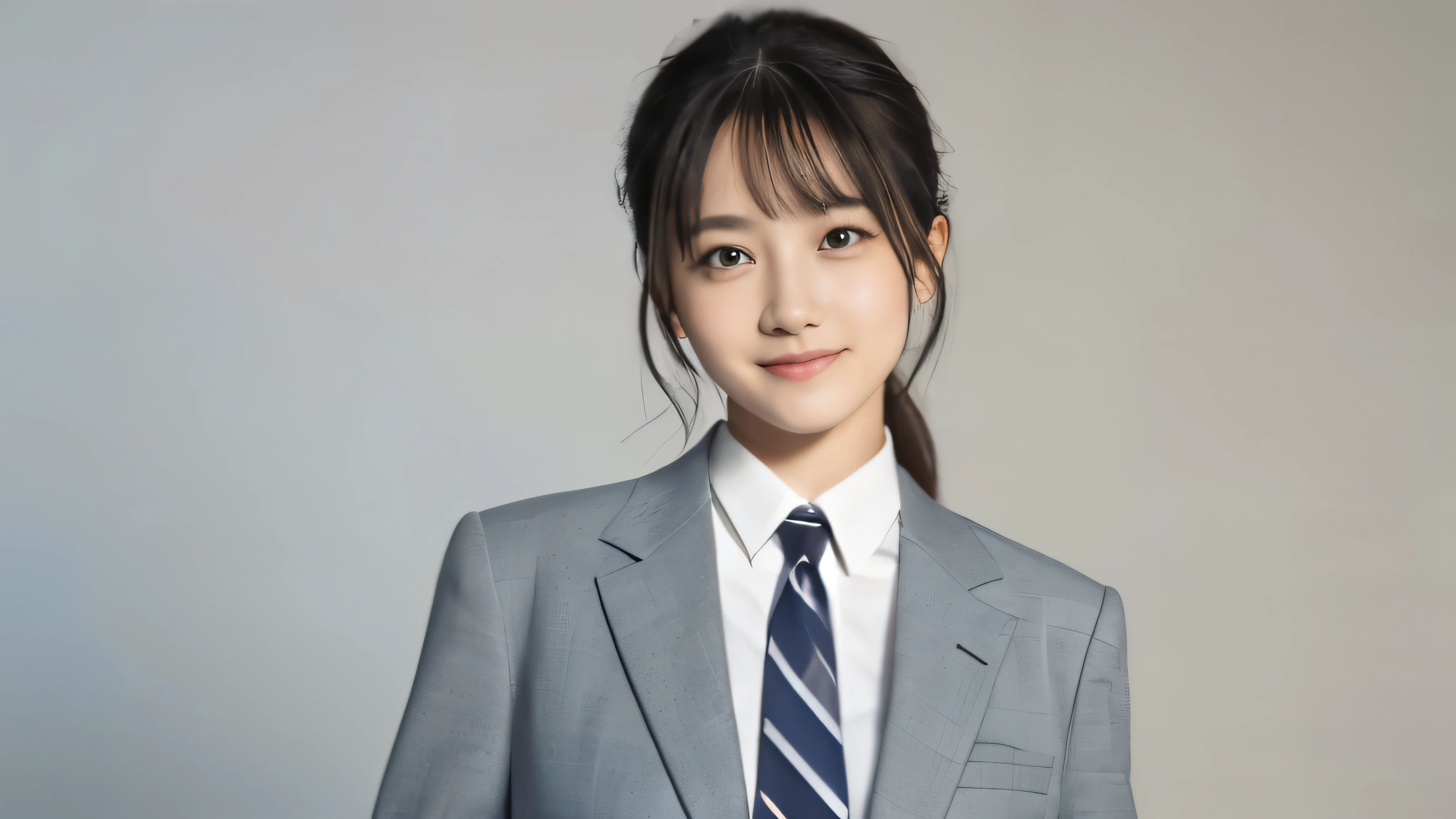 (Realistic: 1.4), (highest quality: 1.4), (Fine grain), Full body shot, ((White background)), ((Watching the audience)), ((1 female university student)), Black Hair, ((suit)), Wide eyes, Blushed face, smile, Highly detailed face and skin texture, Healthy Skin, 8k resolution