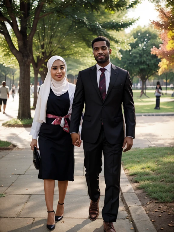caricature of a man wearing a tie, and a Muslim woman. holding hands, in the park, realistic