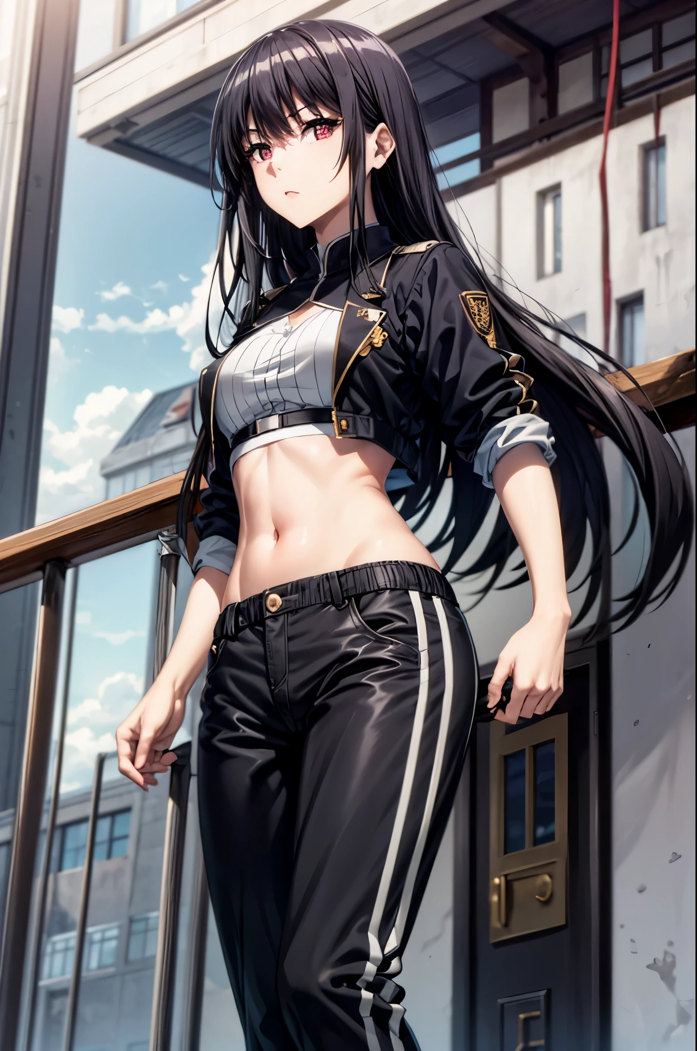 black hair,red eyes,masterpiece, best quality, high quality, highres, outdoors, looking at viewer, white shirt, crop top, midriff, navel, white pants, Jenny, tall female,
