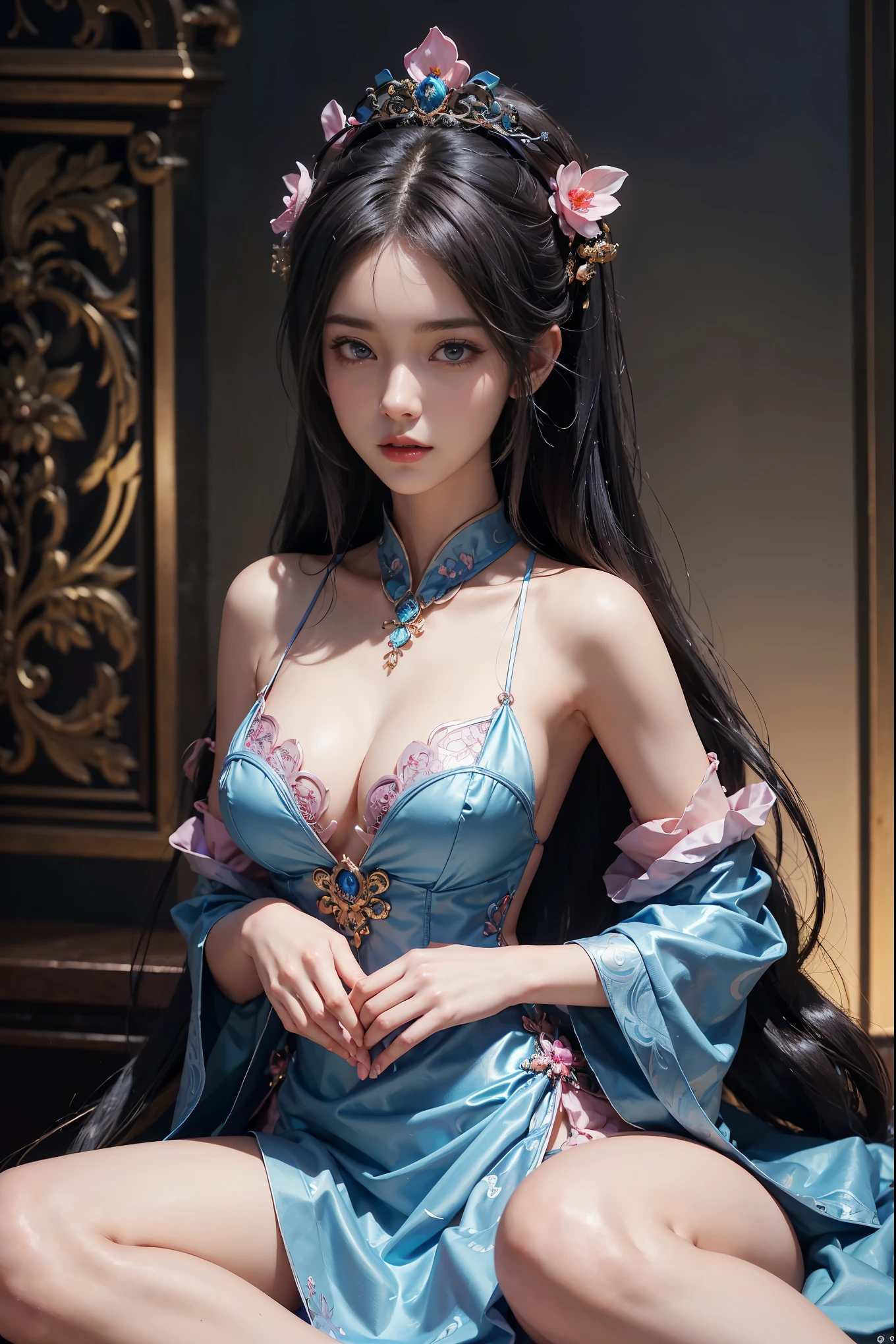 a close up of a woman with long hair and a blue dress, game cg, smooth anime cg art, naked, medium breast, pink nipple, pink and red lips, intricate ornate anime cgi style, full body xianxia, cinematic goddess close shot, hyperdetailed fantasy character, 3 d anime realistic, anime cgi, 4 k detail fantasy, close up character, 3 d render character art 8 k, 8k high quality detailed art,((Superb beauty)),((perfect face)),((with exquisite facial features))