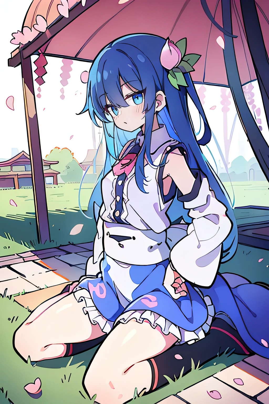 (best quality, masterpiece:1.2), expressive eyes, perfect face, 1 girl, hands on waist, beautiful, gorgeous, Japanese animation, Lola, Hinamori Angel, blue hair, floating clothes, waist grab, waist grab, hands on hips, sitting, sitting on the ground, legs on the ground, flat-chested, falling petals, sitting in a pavilion, pavilion.