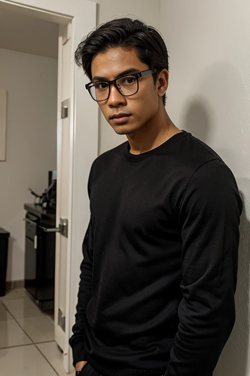 1 Indonesian boy, light brown skin, wearing black glasses, slightly muscular body, normal body, displeased face, and looking at the camera, the image looks like an image captured by a 30 Mega pixel camera. handsome, wearing closed clothes in the room and taking selfies in the mirror with a modern cell phone,