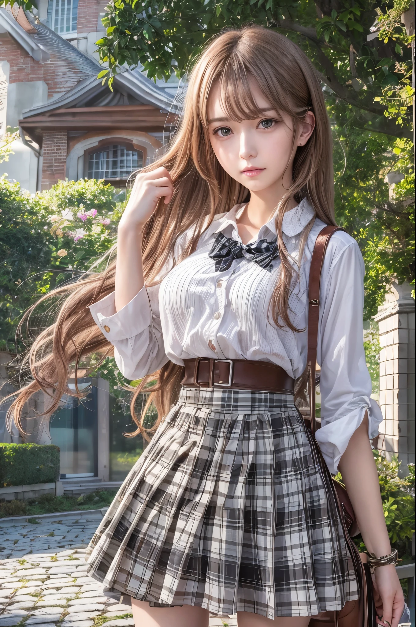 (RAW Photos:1.2), (Realistic), Beautiful detailed girl, Very detailed eyes and face, Beautiful fine details, Large file size, High resolution, Very detailed, highest quality, [Tabletop:1.6], figure, Very detailed, The finer details, highest quality, 8k wallpaper, Cinema Lighting, Four -yeld fee high school students, The strong wind blew her skirt up, revealing her white underwear.., , White shirt, Roll up the gingham check skirt., Surprised expression, White pantiesが見える,White panties, Carrying a bag, Young Face, Immature body, Small breasts, garden, School zone, Put the bag on your shoulder
