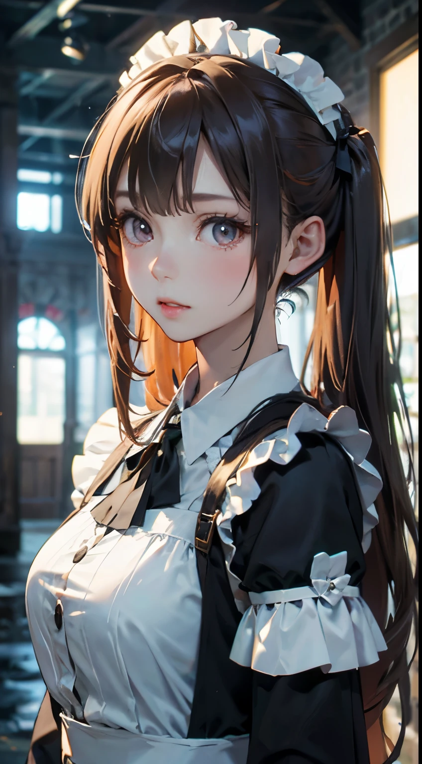 Old body portrait of a beautiful girl、Delicate、detaileds、masterpiece、Real Stick、3D background、Backgrounds with depth、Realistically exaggerate changes in material texture、Exaggeration of gloss、The best transcendental virtuosity、twin tails、orange hair color、Maid clothes