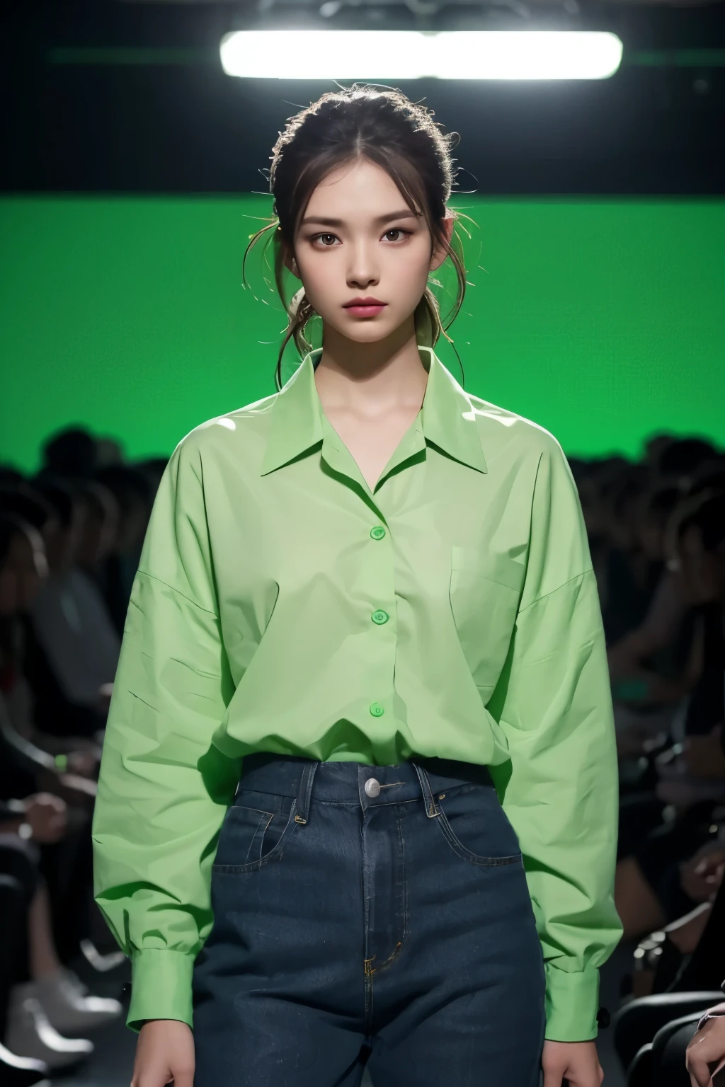 Generate an image of a female wearing a light green shirt with the following details:
- long-sleeved light green shirt design
- Buttons down the front
-wearing a casual pants
- The background is dark with blue lighting, indicating an indoor setting like a runway