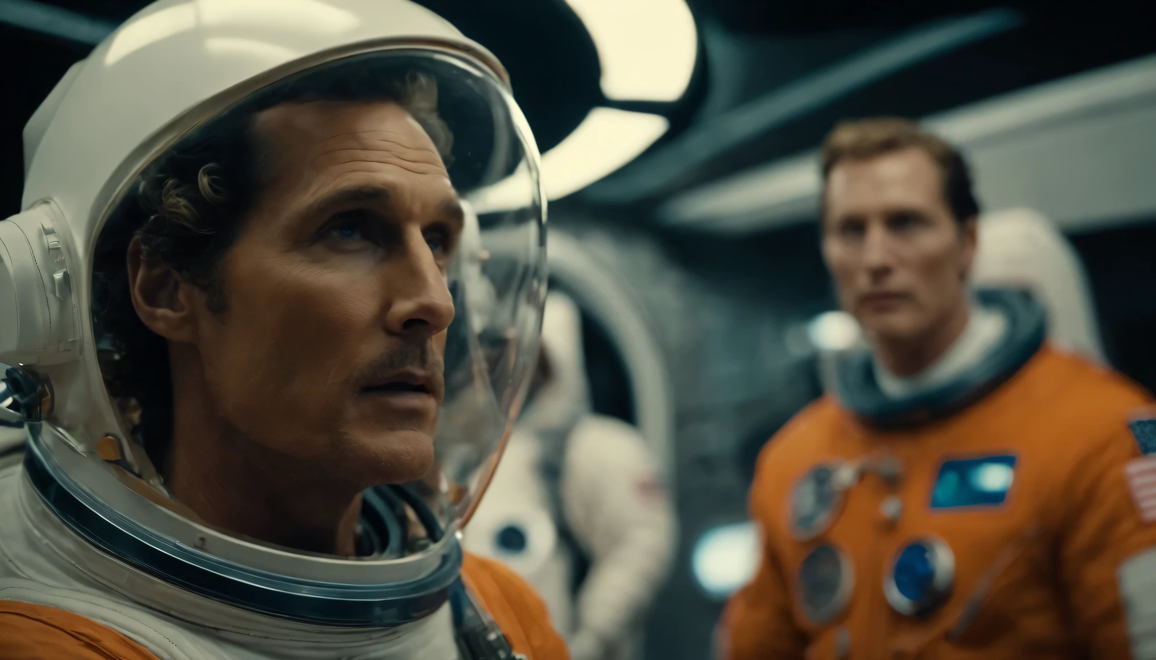 Matthew McConaughey in an astronaut costume with his one crewmember in the spaceship with a serious expression, vintage shot