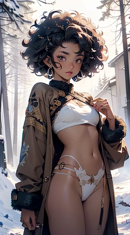 cute elf,(((little ,tiny little body,little))),(((18 years old))),((anime elf with extremely cute and beautiful afro hair)), (((elf))), (((elf ears))),((((black race)))),
(((flat chest))),((((black afro hair:1.35,((afro hair:1.35)),afrohair,afro:1.35,dark hair,black hair)))),(((brown_eyes:1.3))),intricate eyes,beautiful detailed eyes,symmetrical eyes,big eyes:1.5,(((tan,dark skin,black skin:1.35,dark-skinned_female,dark skin:1.3,ebony skin,lustrous skin:1.5,bright skin: 1.5,skin tanned,shiny skin,very shiny skin,shiny body,plastic glitter skin,exaggerated shiny skin,illuminated skin))),(delicate detailed fingers,detailed body,(detailed face)),
cute,slutty,erotic,daring,((nsfw)),
zettai ryouiki,revealing clothing,show skin,(((Sexy brown fur coat, brown fur coat outfit,brown winter coat))), ((denim mini-short,visible denim thong straps)),((underpants strap)),(white navel,print clothes,semi-naked,(((intricate outfit,intricate clothes,embroidered outfit,ornate outfit,embroidered clothes,ornate clothes))),
(dynamic pose:1.0),embarrassed,(centered,scale to fit dimensions,Rule of thirds),
((snowy pine forest at night)), with dark stormy clouds,winter,scenery:1.25,((snow forest background)),Christmas tree,
highres,sharp focus,(ultra detailed,extremely detailed),(photorealistic artwork:1.37),(extremely detailed CG unity 8k wallpaper),(((vibrant colors,vibrant theme))),(intricate),(masterpiece),(best quality),