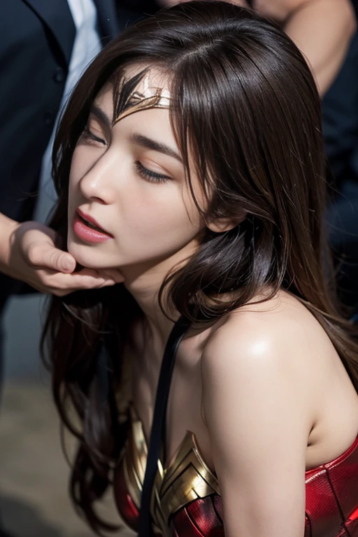 From the side,perfect wonder woman costume,Get on all fours,sleeping face,Close ~ eyes,Open your mouth,Tired face,Face of Suffering,sky face,sleeping face,Fight with the men,Surrounded by men,,caught between men,obsessed with men,Entanglement with men, Attacked by men,assaulted by men,Being bullied by a man,Sexually abused by a man,Captured by a man,Being restrained by a man、touch your face,、Hair is pulled hard,My head is grabbed,licked my hair,lick my face,brown hair,  masterpiece、beautiful girl、fine 目、puffy eyes、highest quality, 超High resolution, (reality: 1.4), Cinema Lighting,so beautiful、Beautiful Skin、(super reality)、(High resolution)、(8k)、(Very detailed)、(beautiful and fine 目)、(Very detailed)、 Detailed face、slanted bangeshi hair、brown hair、20-year-old、Wonder Woman Cosplay，Wonder Woman&#39;s Tiara