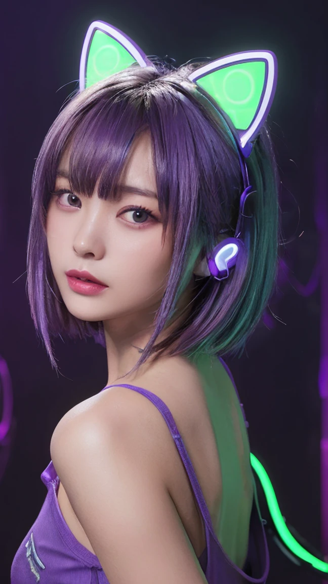 (Neon purple thema:1.2), masterpiece, highest quality, 4K, (Photorealistic), bokeh, enlightenment,(1 perfect portrait of a girl), (A fascinating eye for perfect detail:1.2), colorful hair, (gradient hair), (neon purple soft hair:1.6), (Cat ear:1.2), fantasy background, (exposed bare shoulders), (long-term alienation sleeve), (lean forward a little), head tilt, (movie lighting:1.2), oversized clothes, (seductive pose:1.4), (neon purple  background:1.6), purple beautiful eyes, close up,