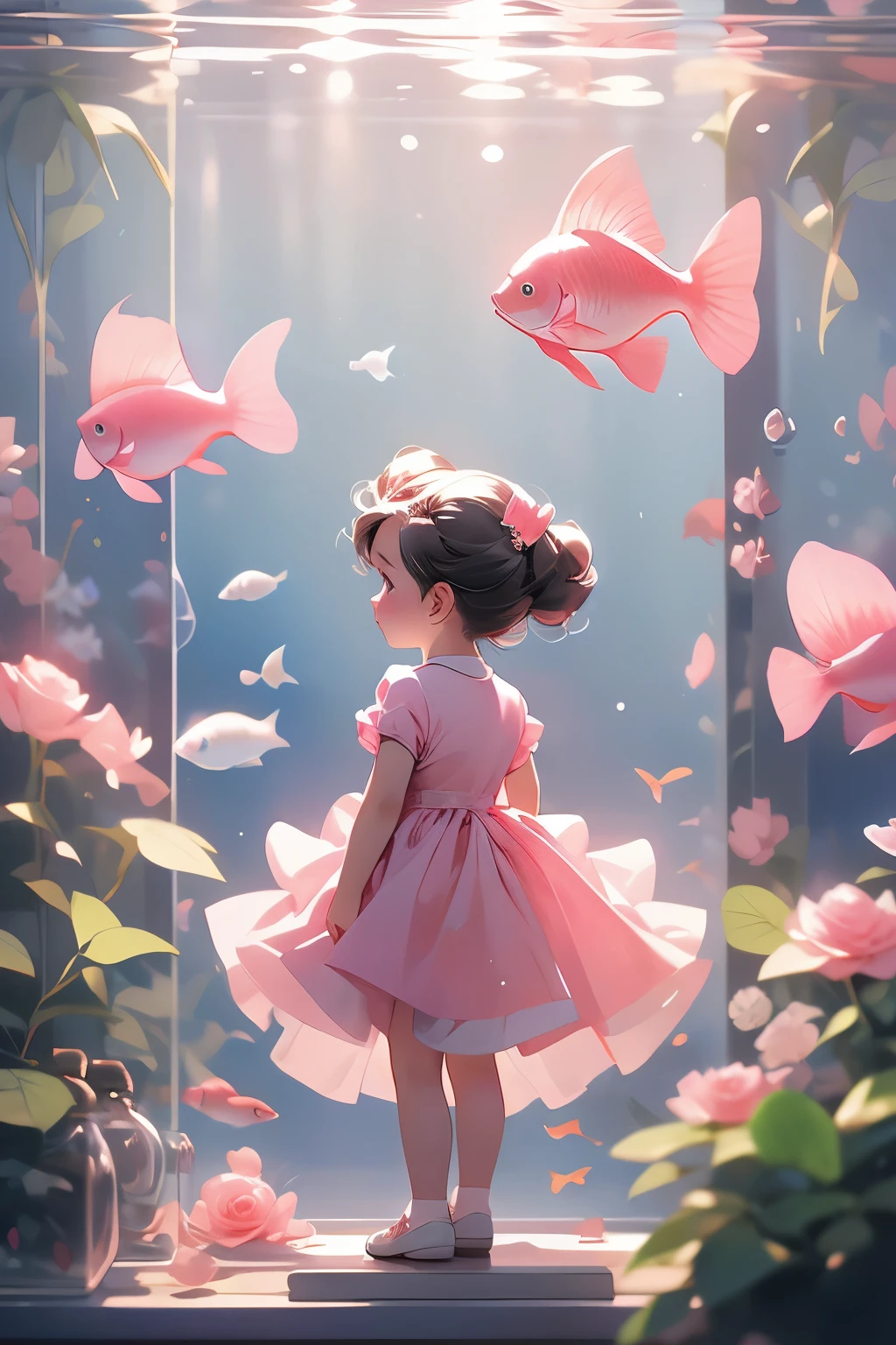 Little girl back,The back of a little girl,Look up into the air and grab,Wearing a pink dress,Pink roses hanging on the edge of the skirt,Wearing double buns,Reach out and grab the colorful fish on the other side of the aquarium glass