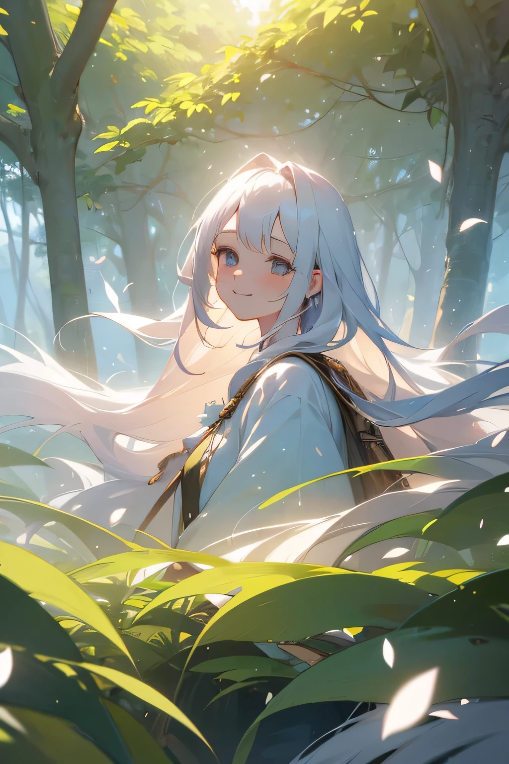 (top quality, masterpiece, ultra-realistic,4k), one beautiful delicate portrait of a girl with long hair, white hair, smiling, soft and peaceful expression, big round sparkling eyes , the background landscape is a jungle with petals and puffs flying around, The girl stands next to the old tree, this is a panoramic picture. --v6