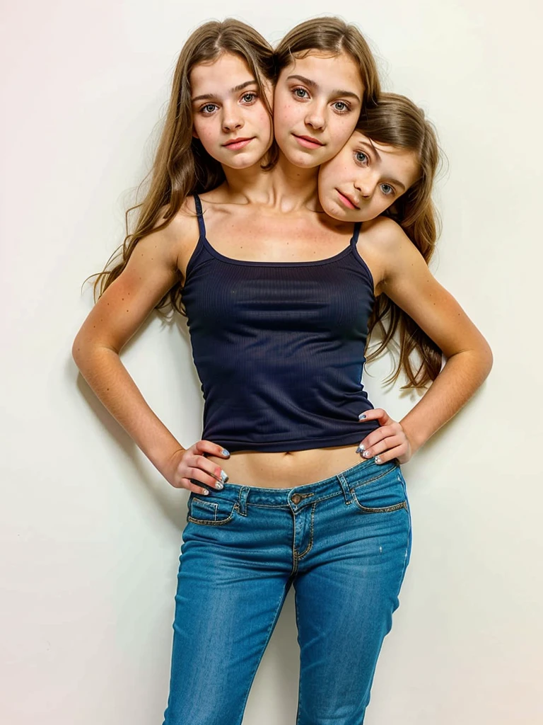 3heads, three headed girl, (a 13 year old girl and a 10 year old girl:1.5), (a 40 year old woman:1.5)
