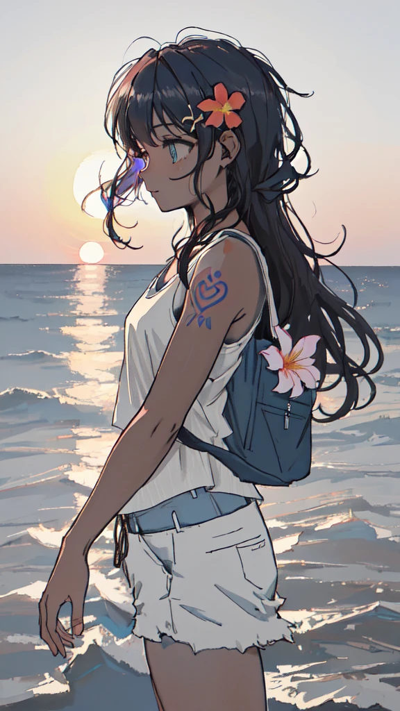 (masterpiece, best quality, ultra detailed, ultra high resolusion, highres,8k:1.4), BREAK,(from side:1.2), 20_years_old, 1giri standing-at-the-edge-of-the-waves,smile, beach, (looking away:1.7), (dark_skin:1.2),(tribal_tatoo:1.2),(wavy hairs),(messy hair),(asymmetry bangs),(multicolored hair),
Tsurime Eyes, (((blue eyes))),
((flower hair ornament)),(shortpants,tanktop:1.4), (sunset:1.3),
BREAK, monochrome, lineart-style,