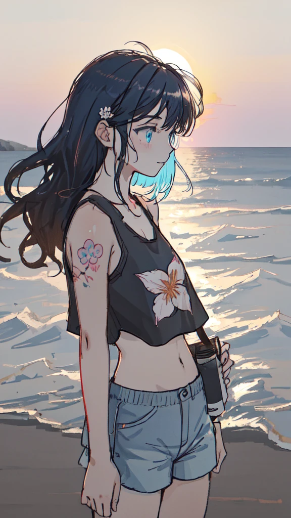 (masterpiece, best quality, ultra detailed, ultra high resolusion, highres,8k:1.4), BREAK,(from side:1.2), 20_years_old, 1giri standing-at-the-edge-of-the-waves,smile, beach, (looking away:1.7), (dark_skin:1.2),(tribal_tatoo:1.2),(wavy hairs),(messy hair),(asymmetry bangs),(multicolored hair),
Tsurime Eyes, (((blue eyes))),
((flower hair ornament)),(shortpants,tanktop:1.4), (sunset:1.3),
BREAK, monochrome, lineart-style,