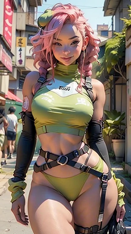 Woman body defined thick thighs cybernetic body parts, short underwear, Mitsuri Kanroji, pink hair, green hair, braids, huge natural breasts, seductive pose, shy embarrassed smile